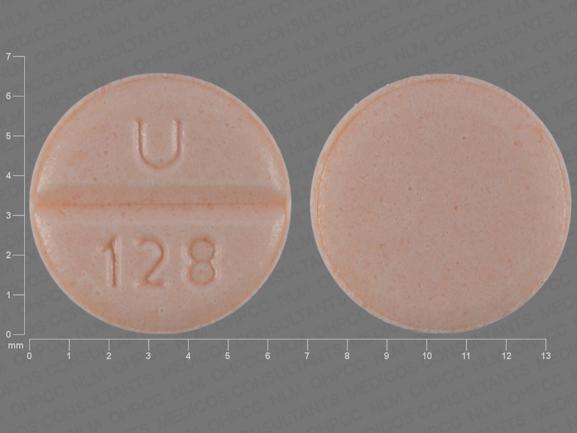 Pill with imprint U 128, orange, round, 7 mm (Hydrochlorothiazide 25 mg)