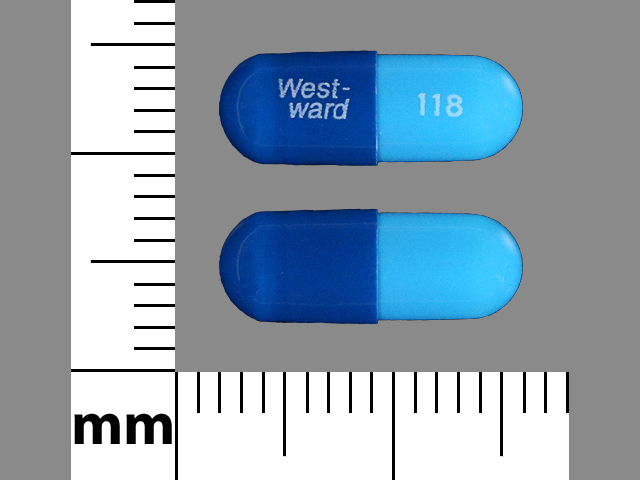 Pill with imprint West ward 118, blue, capsule, 13 mm (Colchicine 0.6 mg)