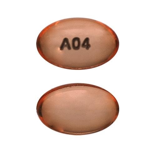 Pill with imprint A04, orange, oval, 9 mm (Lubiprostone 24 mcg)
