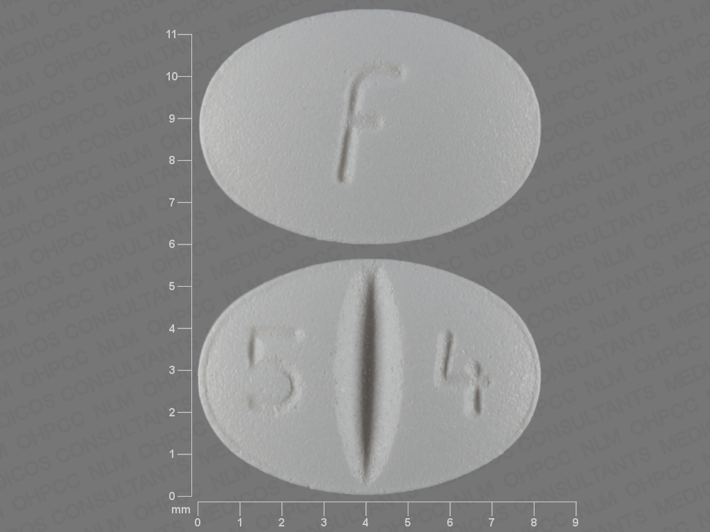 Pill with imprint F 5 4, white, oval, 8 mm (Escitalopram Oxalate 10 mg)