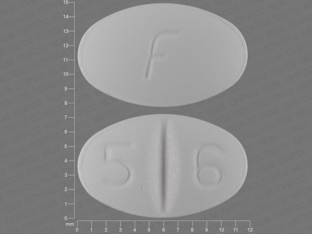Pill with imprint F 5 6, white, oval, 12 mm (Escitalopram Oxalate 20 mg)