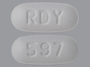 Pill with imprint RDY 597, gray, capsule, 12 mm (Memantine 10 mg)