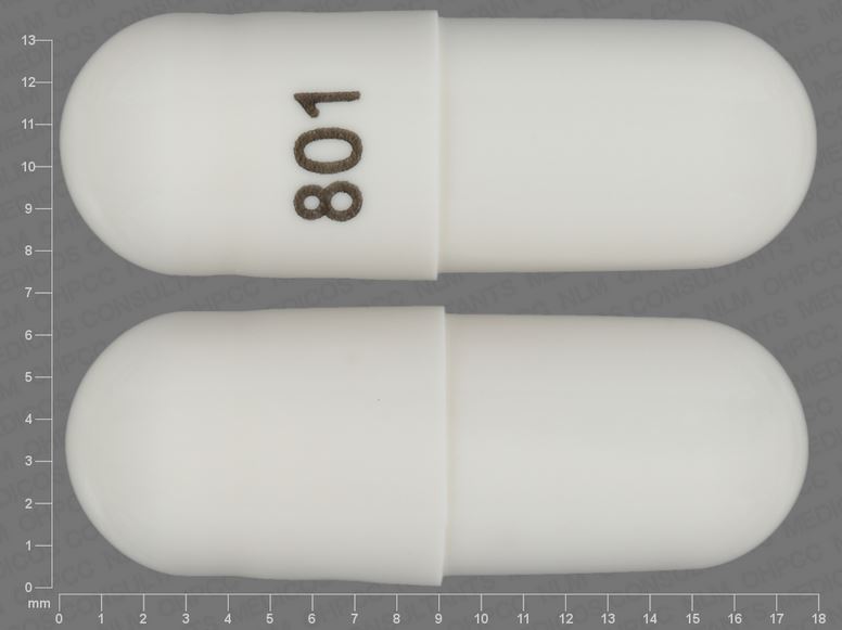 Pill with imprint 801, white, capsule, 22 mm (Cephalexin 250 mg)