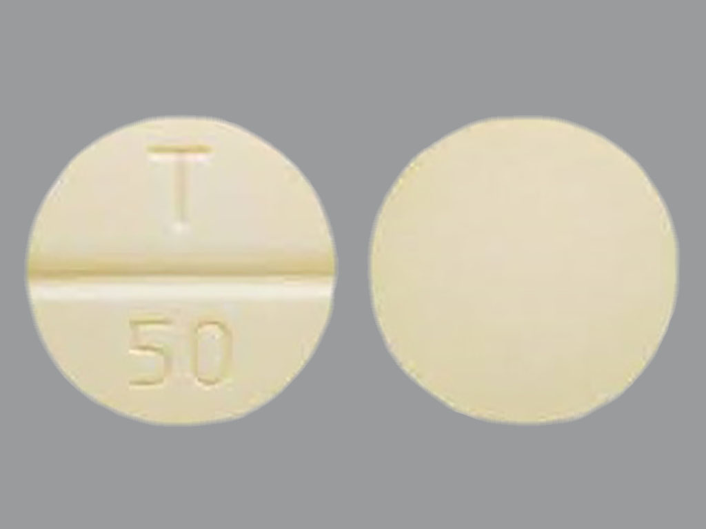 Pill with imprint T 50, yellow, round, 11 mm (Phenytoin 50 mg)