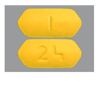 Pill with imprint I 24, brown, hexagon, 11 mm (Prasugrel 10 mg)