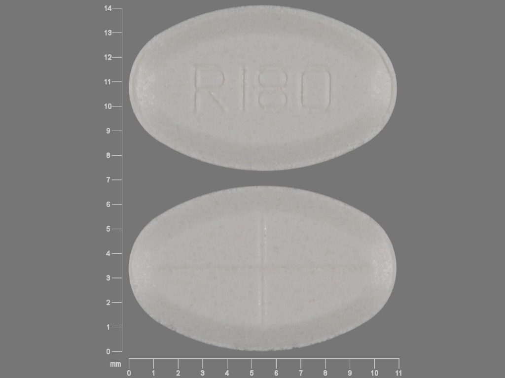 Pill with imprint R180, white, oval, 11 mm (Tizanidine 4 mg)