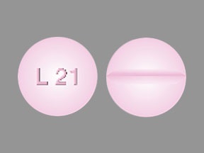 Pill with imprint L21, pink, round, 6 mm (Levothyroxine Sodium 0.112 mg)