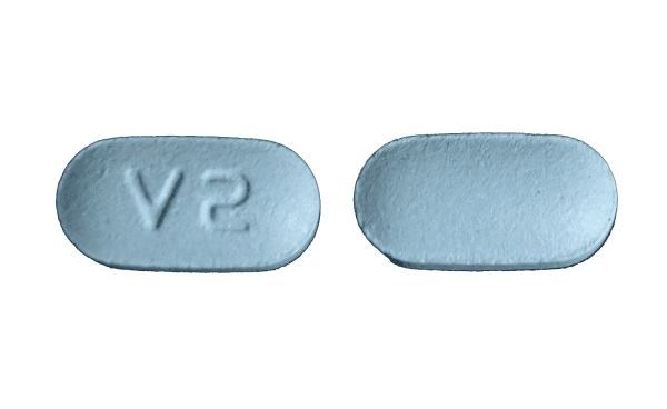 Pill with imprint V2, blue, capsule, 10 mm (Varenicline Tartrate 1 mg)