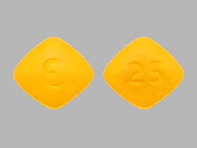 Pill with imprint E 25, yellow, diamond, 7 mm (Eplerenone 25 mg)