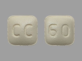Pill with imprint CC 60, yellow, square, 5 mm (Famotidine 20 mg)