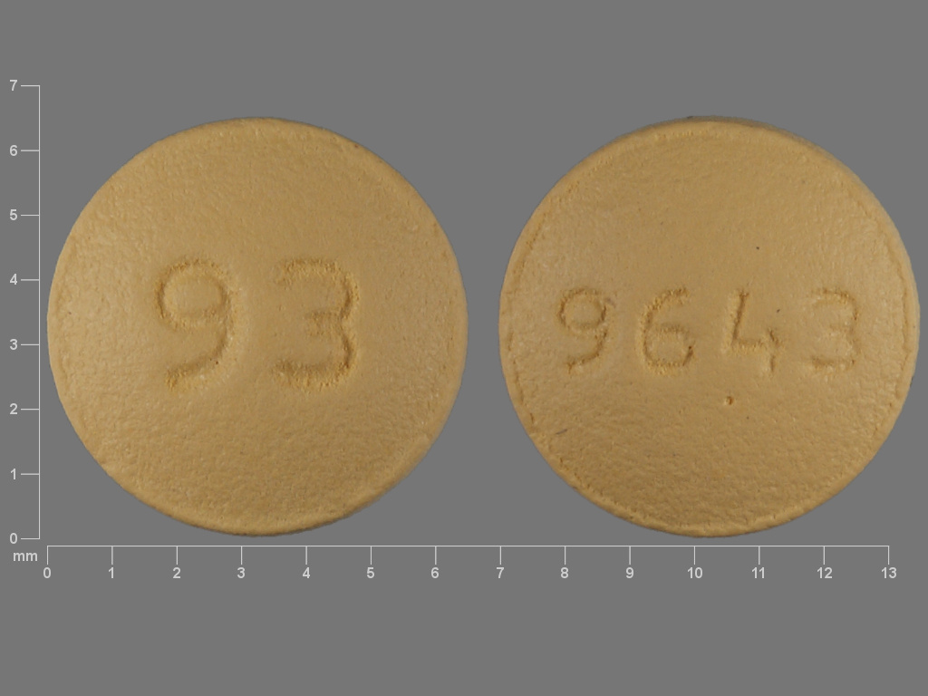Pill with imprint 93 9643, yellow, round, 6 mm (Prochlorperazine Maleate 5 mg)