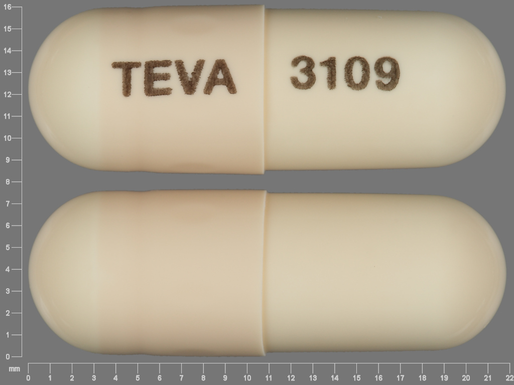 Pill with imprint TEVA 3109, brown, capsule, 22 mm (Amoxicillin 500 mg)