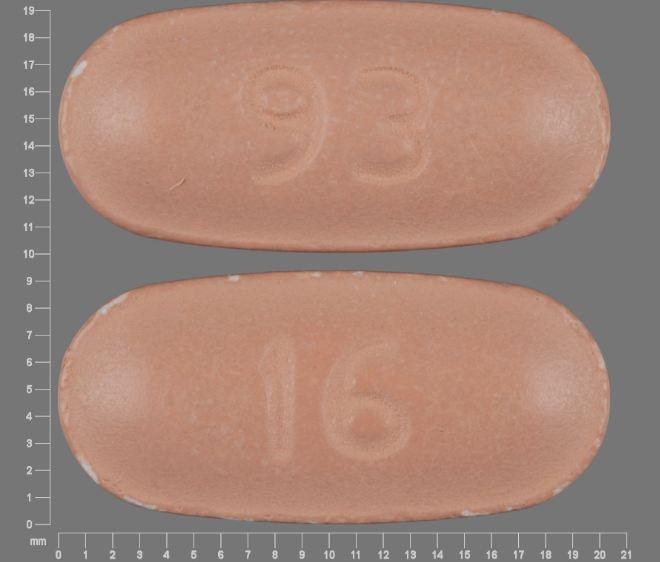 Pill with imprint 93 16, brown, oval, 20 mm (Nabumetone 750 mg)