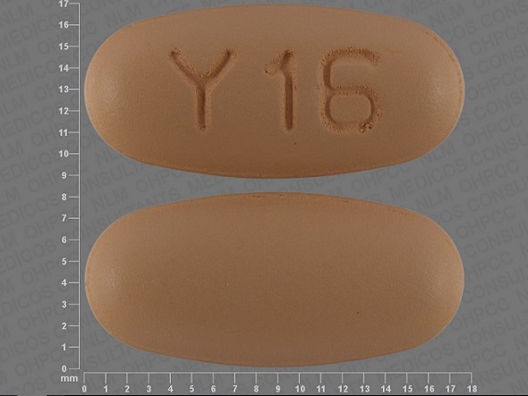 Pill with imprint Y 16, brown, oval, 17 mm (Entacapone 200 mg)