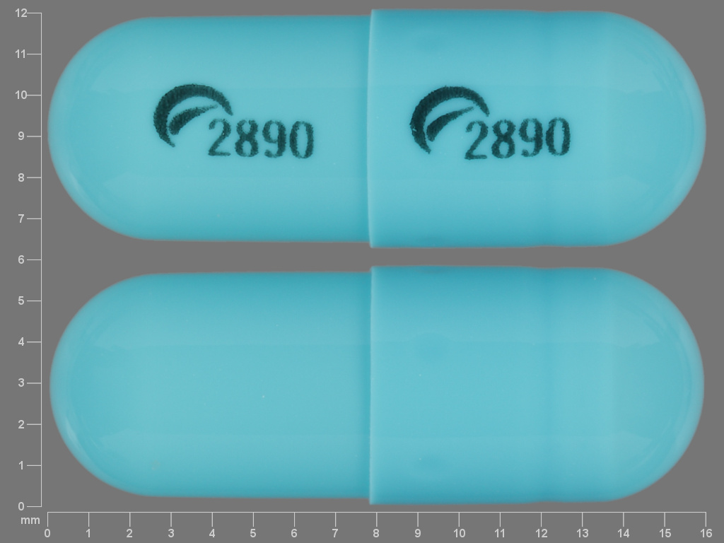 Pill with imprint 2890 2890, blue, capsule, 16 mm (Duloxetine 20 mg)