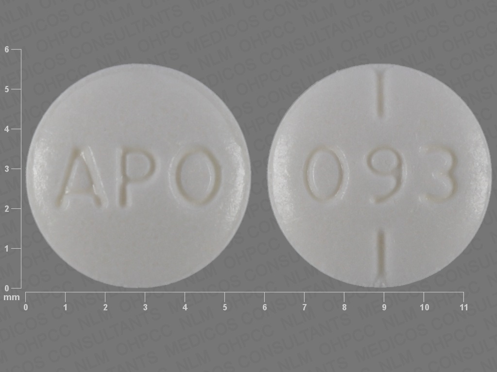 Pill with imprint APO 093, white, round, 6 mm (Doxazosin 1 mg)