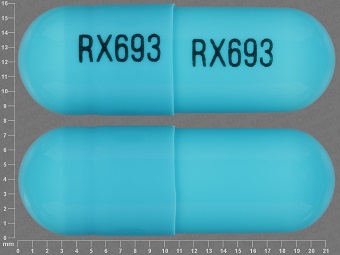 Pill with imprint RX693 RX693, blue, capsule, 22 mm (Clindamycin Hydrochloride 300 mg)