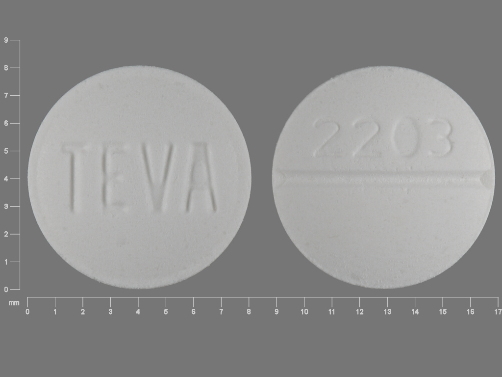 Pill with imprint TEVA 2203, white, round, 8 mm (Metoclopramide 10 mg)