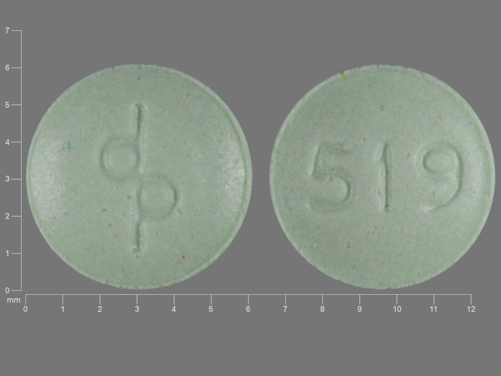 Pill with imprint dp 519, green, round, 6 mm (Inert)