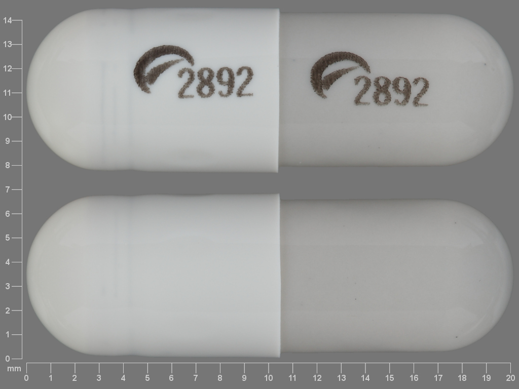 Pill with imprint 2892 2892, gray & white, capsule, 20 mm (Duloxetine 60 mg)