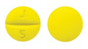 Pill with imprint J 5, yellow, round, 7 mm (Prochlorperazine Maleate 5 mg)