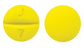 Pill with imprint J 7, yellow, round, 8 mm (Prochlorperazine Maleate 10 mg)
