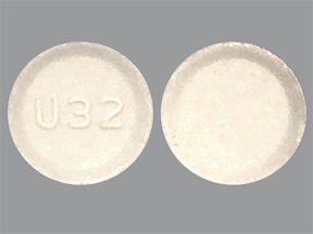 Pill with imprint U32, white, round, 5 mm (Lorazepam 0.5 mg)