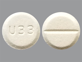 Pill with imprint U33, white, round, 7 mm (Lorazepam 1 mg)