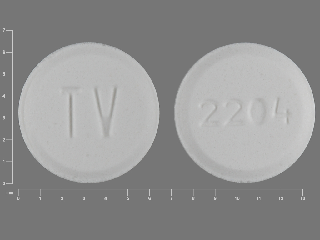 Pill with imprint TV 2204, white, round, 6 mm (Metoclopramide 5 mg)