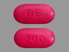 Pill with imprint OE 500, red, oval, 17 mm (Azithromycin 500 mg)