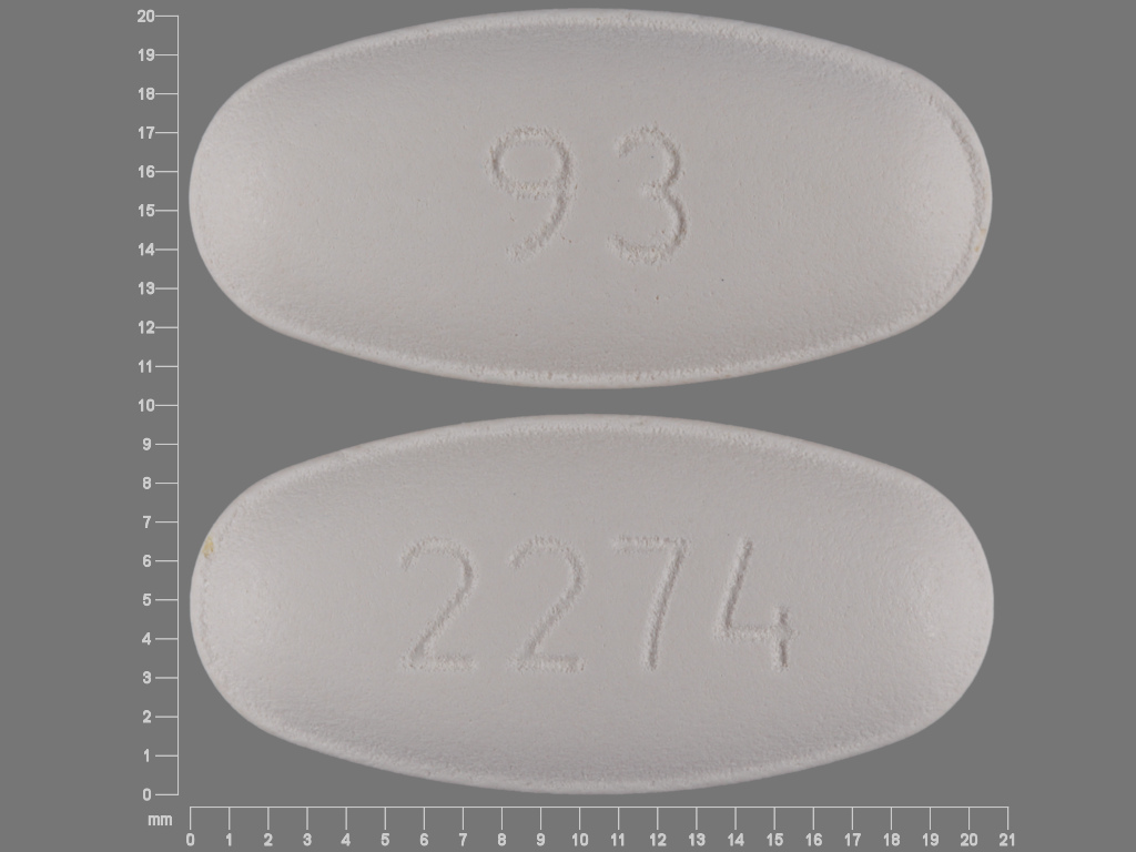 Pill with imprint 93 2274, white, oval, 20 mm (Amoxicillin and Clavulanate Potassium Amoxicillin Anhydrous 500 mg / Clavulanic Acid 125 mg)