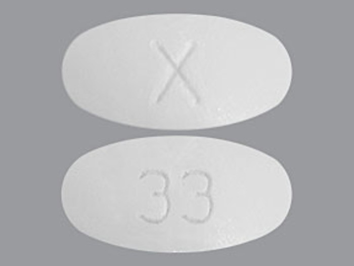 Pill with imprint X 33, white, oval, 20 mm (Amoxicillin and Clavulanate Potassium Amoxicillin Anhydrous 500 mg / Clavulanic Acid 125 mg)