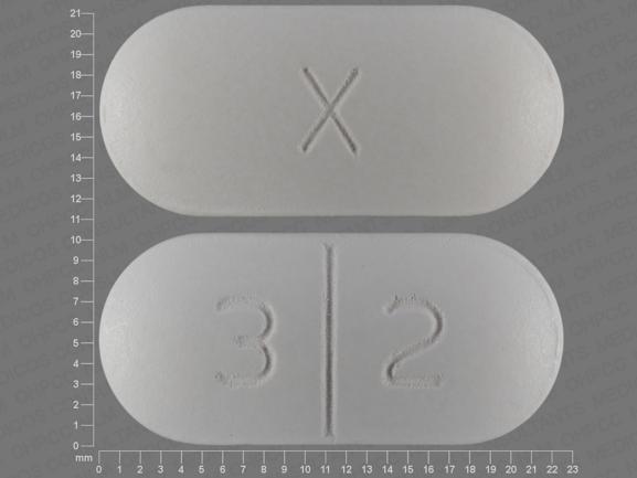 Pill with imprint X 3 2, white, capsule, 22 mm (Amoxicillin and Clavulanate Potassium Amoxicillin Anhydrous 875 mg / Clavulanic Acid 125 mg)