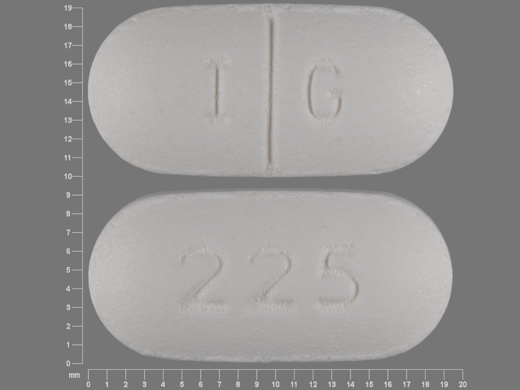 Pill with imprint 225 IG, white, oval, 19 mm (Gemfibrozil 600 mg)