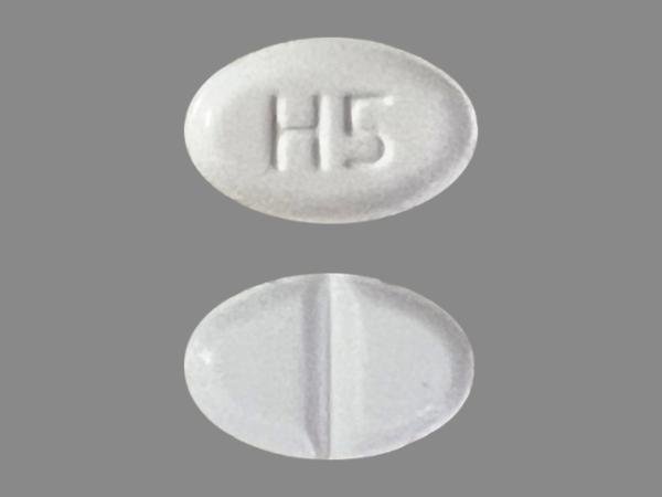 Pill with imprint H 5, white, oval, 8 mm (Hydrocortisone 5 mg)
