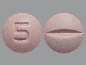 Pill with imprint 5, pink, round, 7 mm (Lisinopril 5 mg)