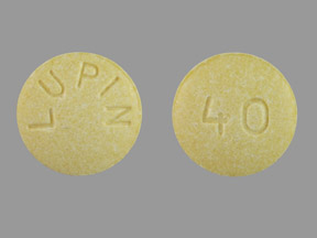 Pill with imprint LUPIN 40, yellow, round, 8 mm (Lisinopril 40 mg)