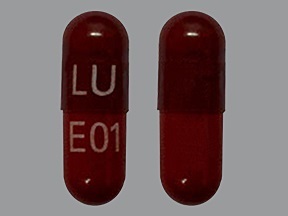 Pill with imprint LU E01, red, capsule, 18 mm (Rifampin 150 mg)