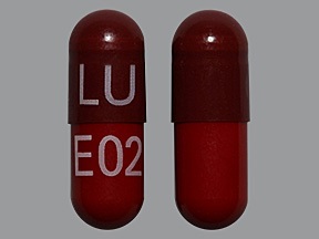 Pill with imprint LU E02, red, capsule, 19 mm (Rifampin 300 mg)