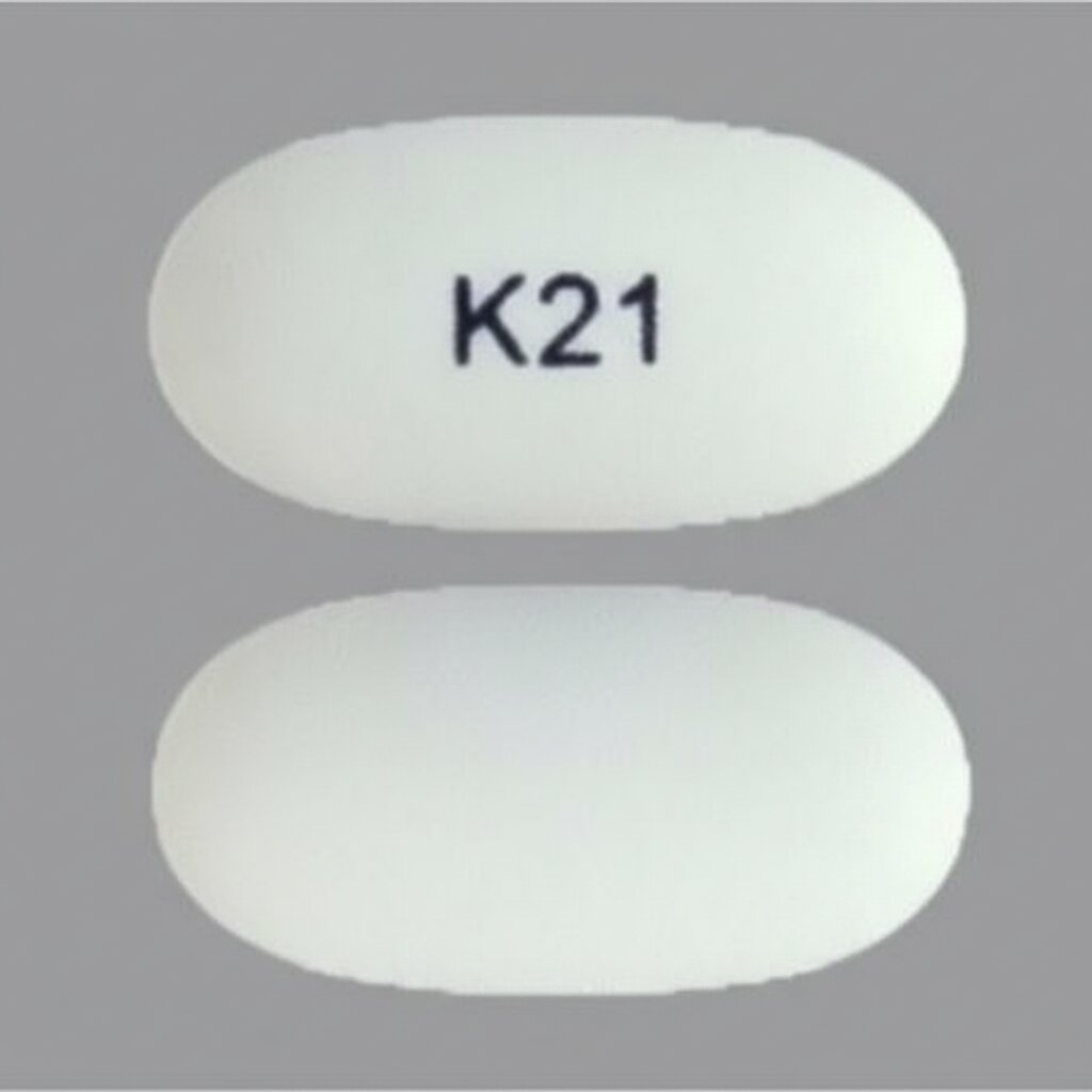 Pill with imprint K21, white, oval, 19 mm (Sevelamer Carbonate 800 mg)