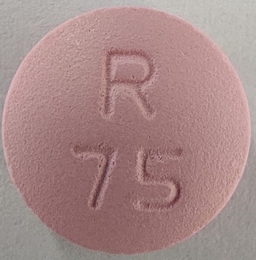 Pill with imprint R75, pink, round, 10 mm (Metoprolol Tartrate 75 mg)