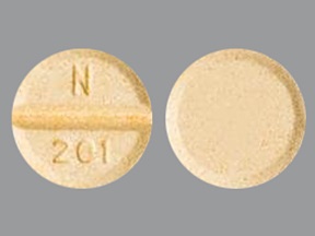 Pill with imprint N201, yellow, round, 6 mm (Digoxin 0.125 mg)