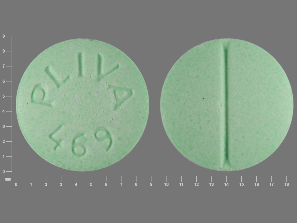Pill with imprint PLIVA 469, green, round, 9 mm (Propranolol Hydrochloride 40 mg)