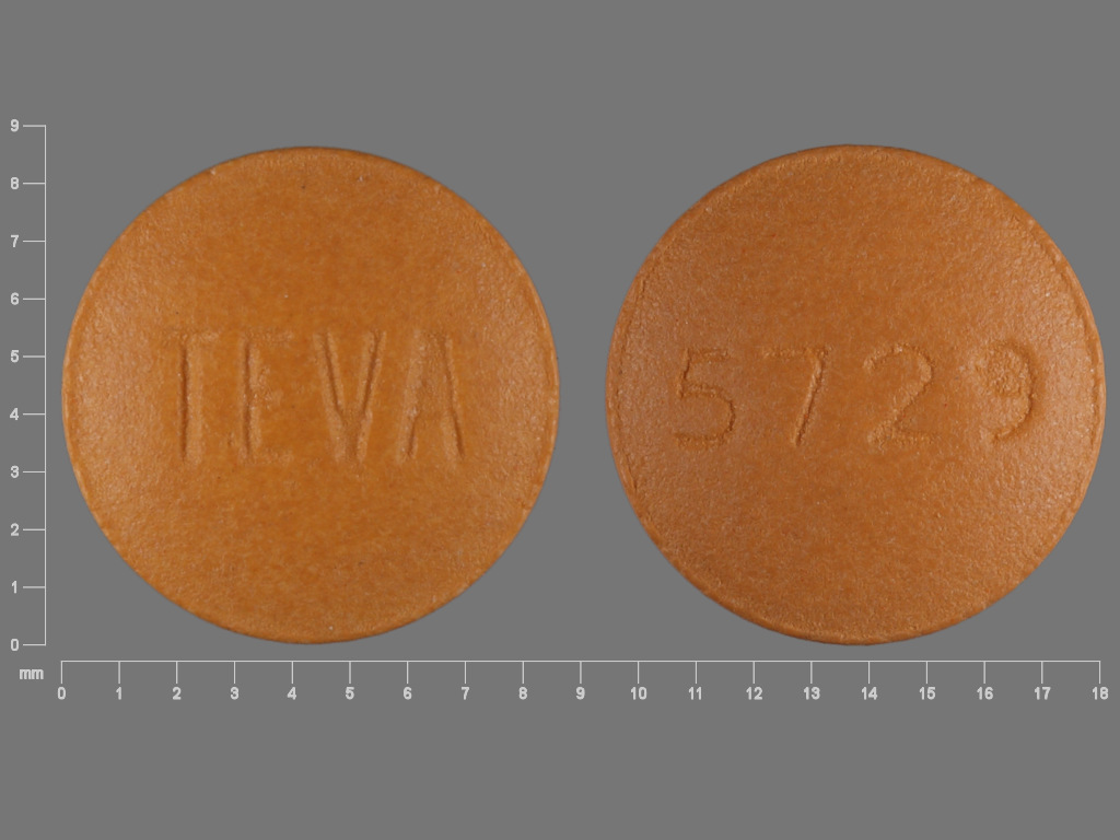 Pill with imprint TEVA 5729, brown, round, 9 mm (Famotidine 40 mg)
