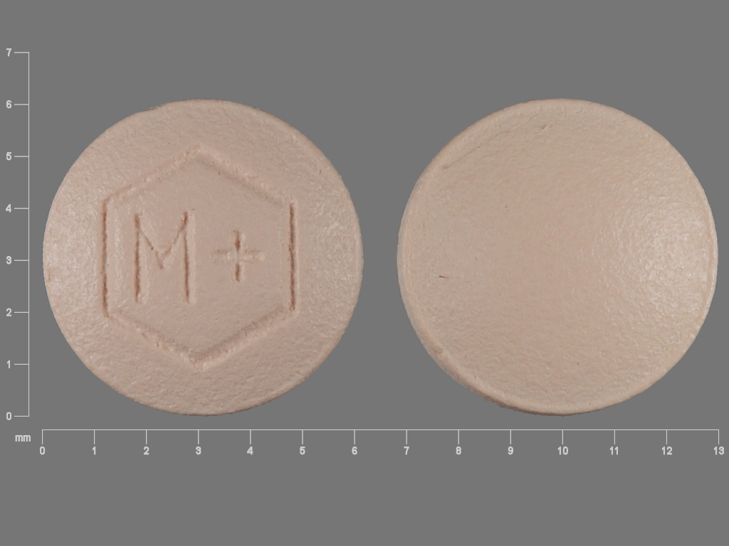 Pill with imprint M, orange, round, 6 mm (Levomefolate Calcium 0.451 mg)