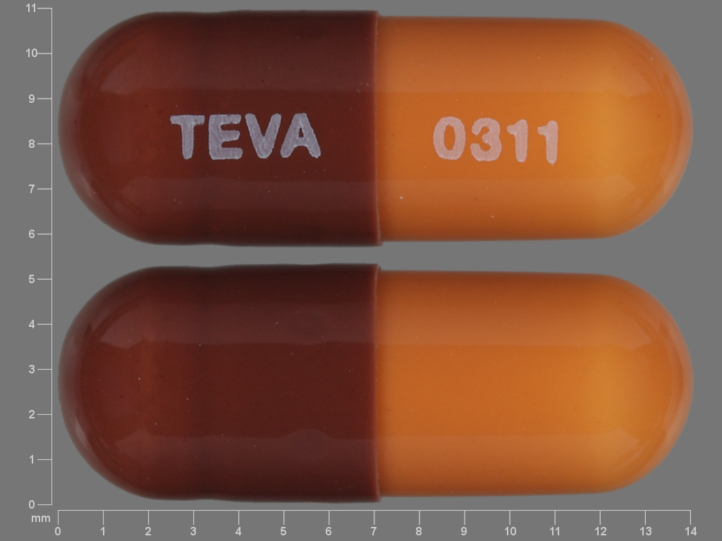 Pill with imprint TEVA 0311, brown, capsule, 14 mm (Loperamide Hydrochloride 2 mg)