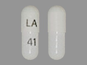 Pill with imprint LA 41, white, capsule, 14 mm (Pregabalin 25 mg)