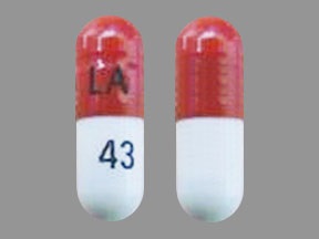 Pill with imprint LA 43, red & white, capsule, 14 mm (Pregabalin 75 mg)