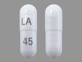 Pill with imprint LA 45, white, capsule, 18 mm (Pregabalin 150 mg)