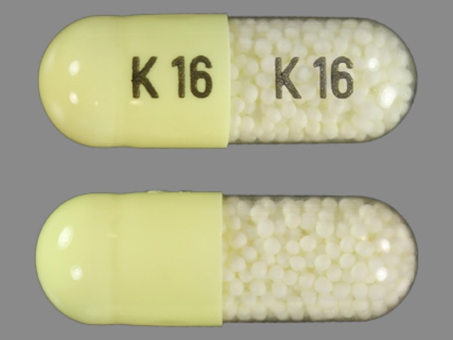 Pill with imprint K 16, white & yellow, capsule, 22 mm (Indomethacin 75 mg)